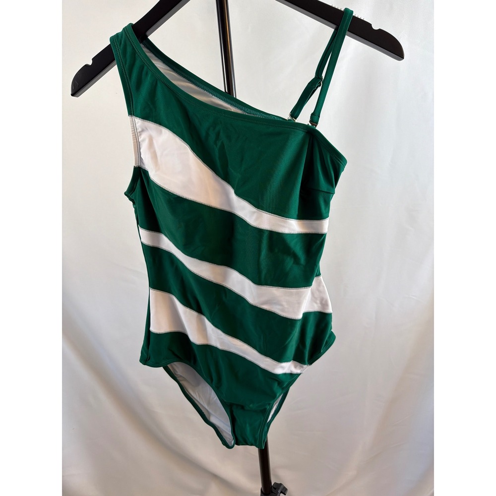 Cupshe Green White Striped One Shoulder Cutout One Piece Swimsuit Medium DAA12E4